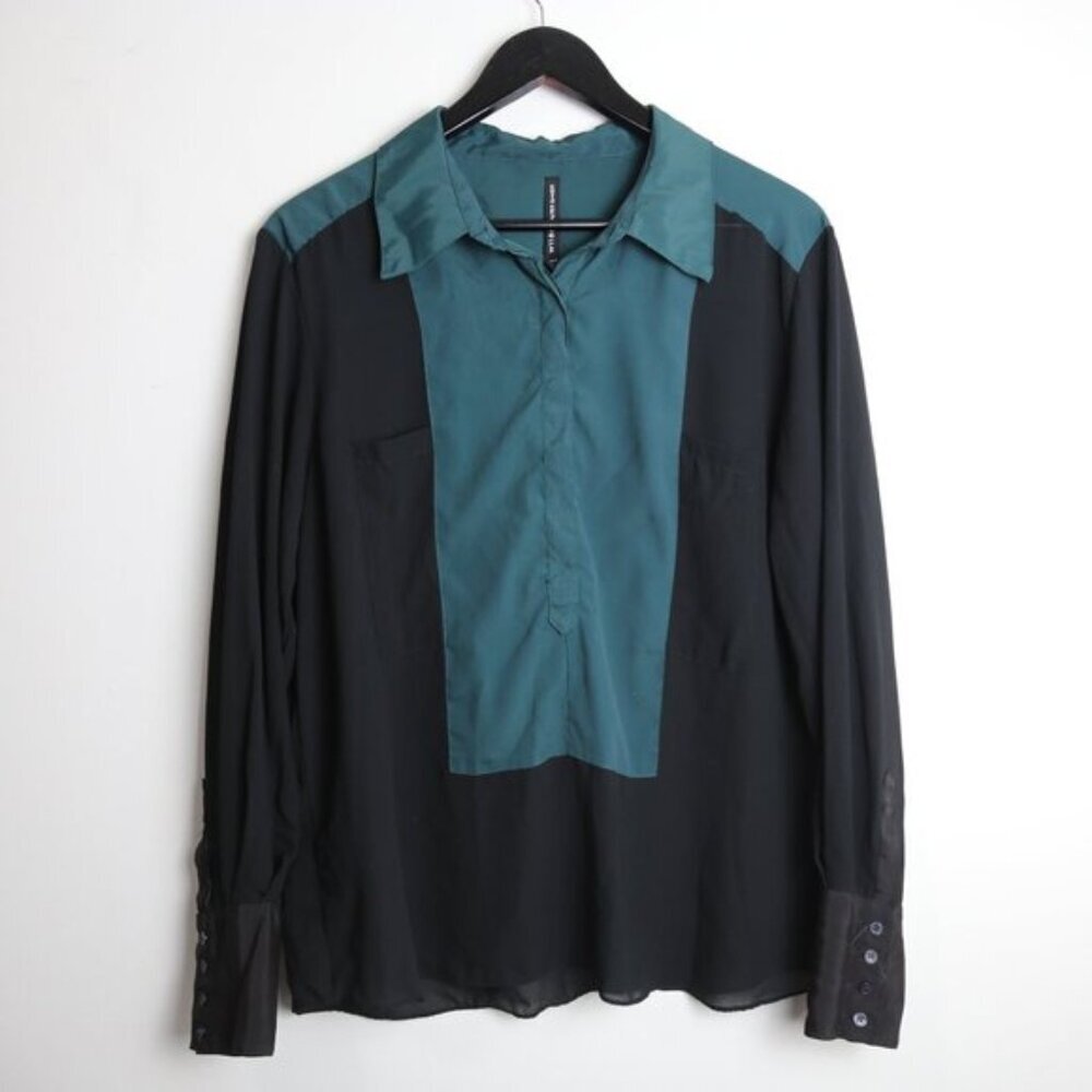 W118 By Walter Baker Contrast Green Black Long Sleeve Blouse Size Large